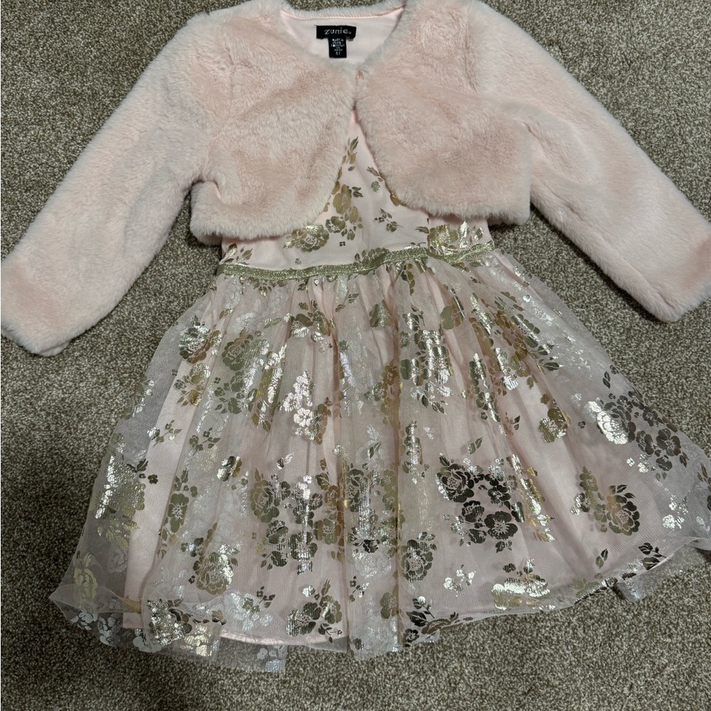 Zunie Pink Dress with Gold Floral and Faux Fur Bolero